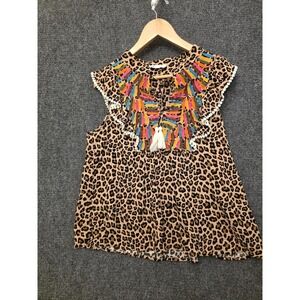 THML Blouse Womens Large Brown Leopard Embroidered Flutter Sleeve Boho Tunic Top